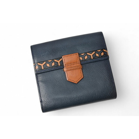 Yves Saint Laurent Tri Fold Wallet Leather YSL Navy Blue Brown - Picture 2 of 12